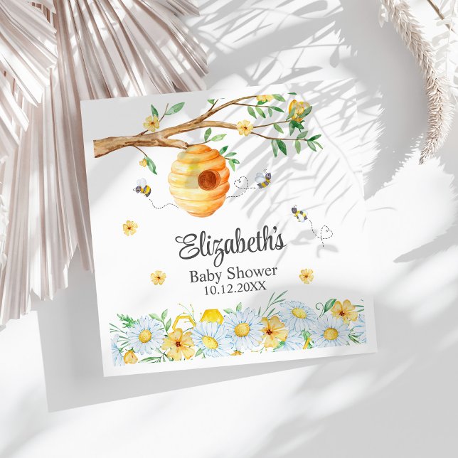 Honeycomb Bee Chamomile Baby Shower  Napkin (Honeycomb Bee Chamomile Baby Shower Napkins on a white sunny table.)