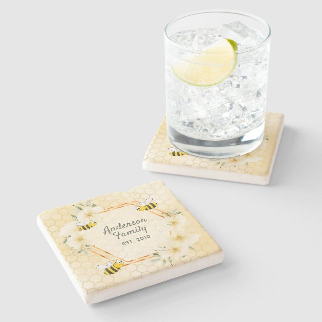 Honeycomb bee floral yellow monogram stone coaster (Side)