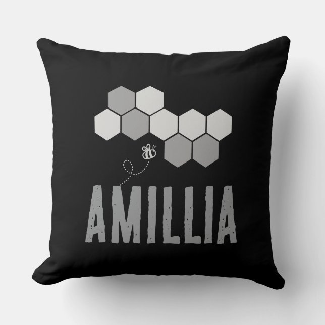 Honeycomb Bee Name Typography Design Cushion (Front)