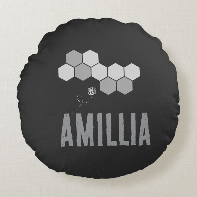 Honeycomb Bee Name Typography Design Round Cushion (Front)