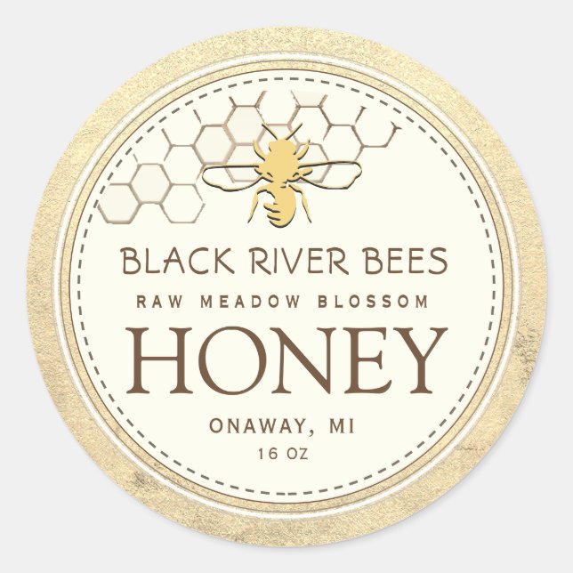 Honeycomb & Bee Raw Honey Iridescent Yellow Border Classic Round Sticker (Front)
