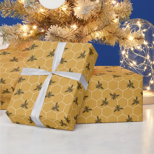 Honeycomb Bees Amber Wrapping Paper (Holidays)