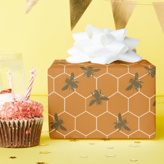 Honeycomb Bees Dark Amber Wrapping Paper (Birthday Party)