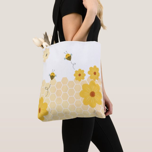 honeycomb Bumble Bee Flying Yellow Flowers Tote Bag (Close Up)