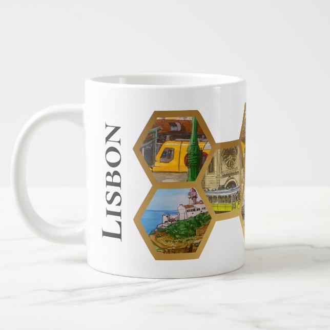 Honeycomb Collage pattern, Portugal Landmarks Large Coffee Mug (Left)