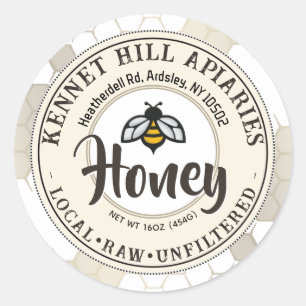 Honeycomb & Cute Bee Raw Honey Label Ivory