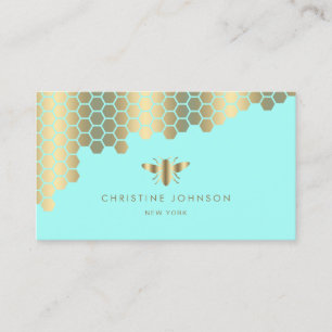 honeycomb faux gold foil bee on turquoise business card