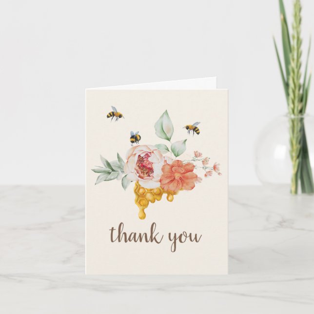 Honeycomb Floral Bee Baby Shower Thank You Card (Front)
