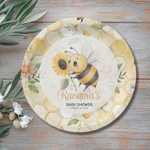 Honeycomb Floral Bee Custom Name Baby Shower Paper Plate