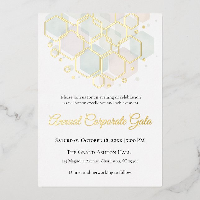 Honeycomb Gold Foil Corporate Gala Business Event Holiday Card (Front)