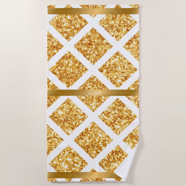 Honeycomb Gold Glitter Boho Popular Collection Beach Towel (Front)