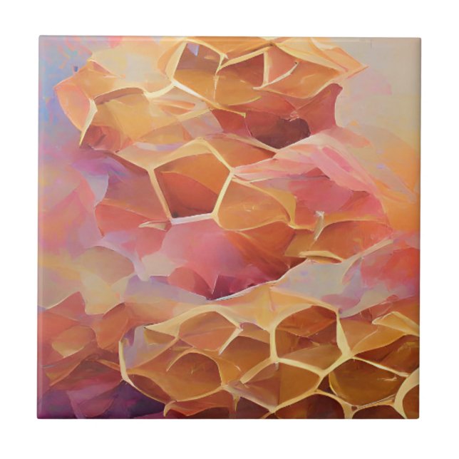 Honeycomb gold rose abstract geometry digital art  ceramic tile (Front)