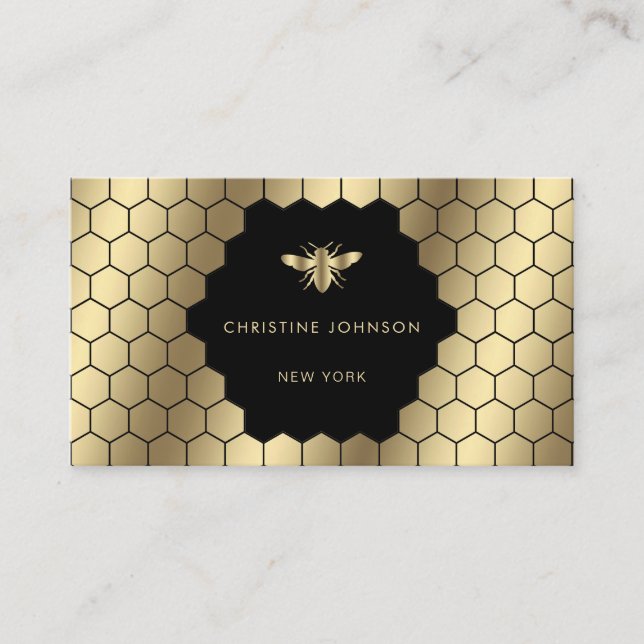 honeycomb hexagons bee on black business card (Front)