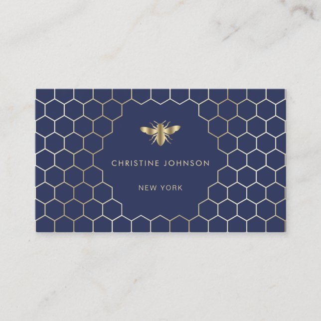 honeycomb hexagons bee on dark blue business card (Front)