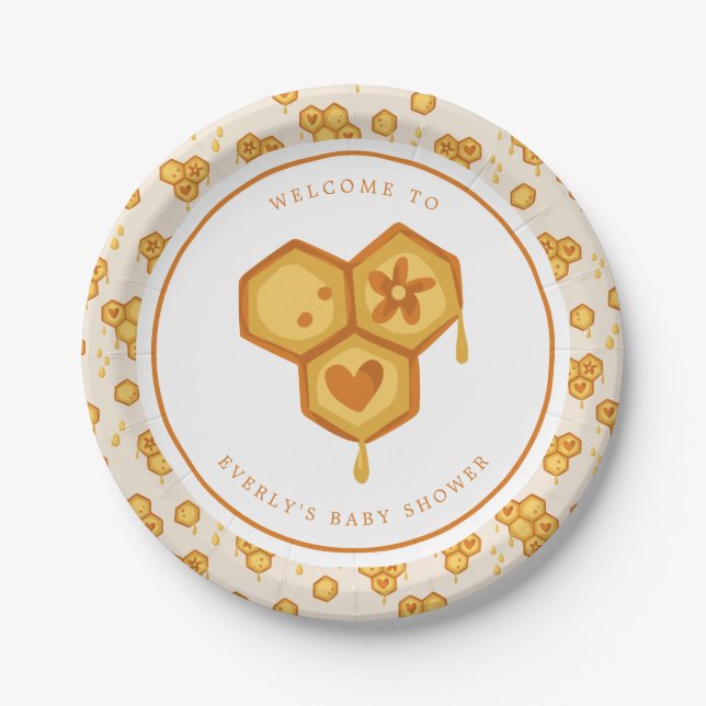 Honeycomb Honey Bee Cute Baby Shower Paper Plate (Front)
