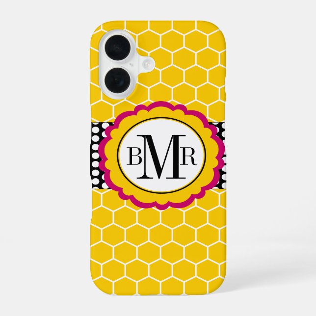 Honeycomb Pattern and Flower Monogram Personalised iPhone 16 Case (Back)