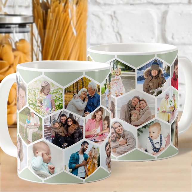 Honeycomb Photo Collage 17 Picture Sage Green Coffee Mug (Photo mug with 17 of your favorite pics and sage green hexagon honeycomb pattern)