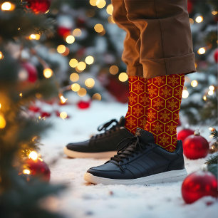  Honeycomb Snowflake Maroon Yellow Pattern Elegant Socks