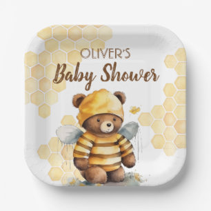 Honeycombs and brown honey teddy bear Baby Shower Paper Plate
