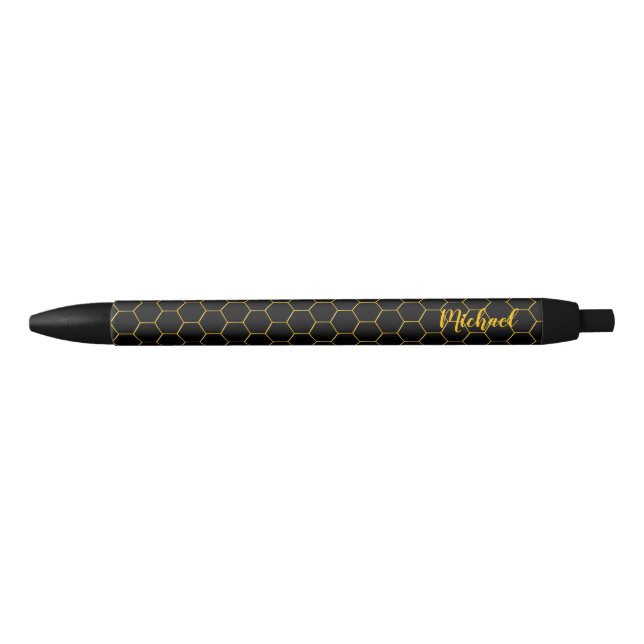Honeycombs Gold pattern Black background Black Ink Pen (Front)