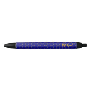 Honeycombs Gold pattern Navy Blue background Black Ink Pen
