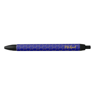 Honeycombs Gold pattern Navy Blue background Black Ink Pen