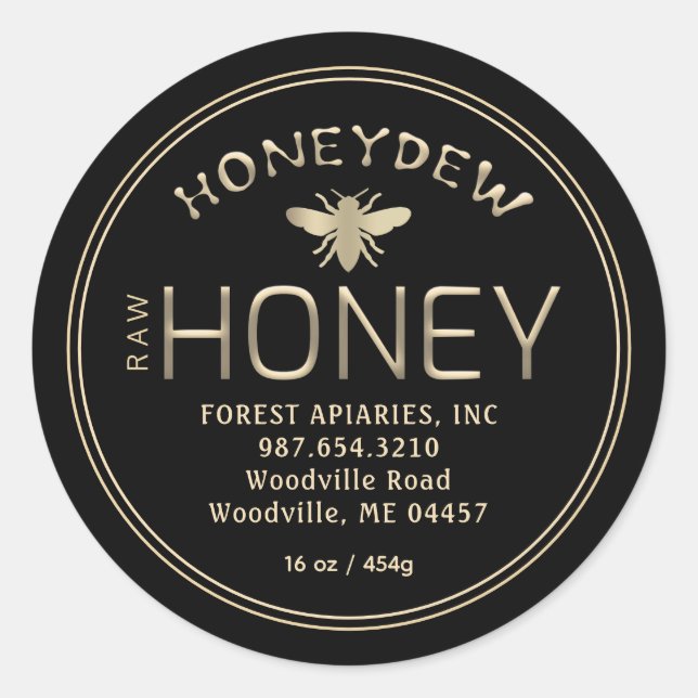 HONEYDEW FOREST HONEY Gold on Black with Bee  Classic Round Sticker (Front)