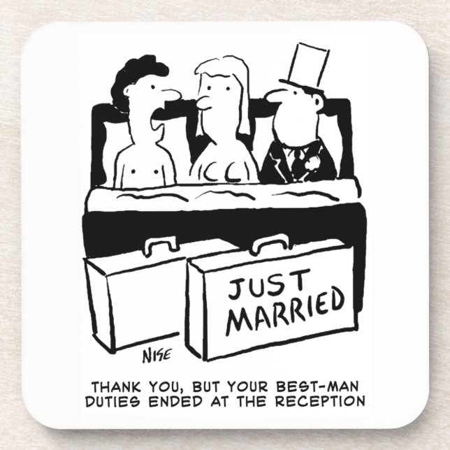 Honeymoon Couple and Best Man in Bed Coaster (Front)