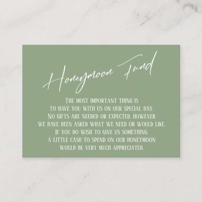 Honeymoon Fund Modern Handwriting Sage Green Enclosure Card (Front)
