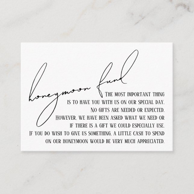 Honeymoon Fund Modern Slim Handwriting White Enclosure Card (Front)