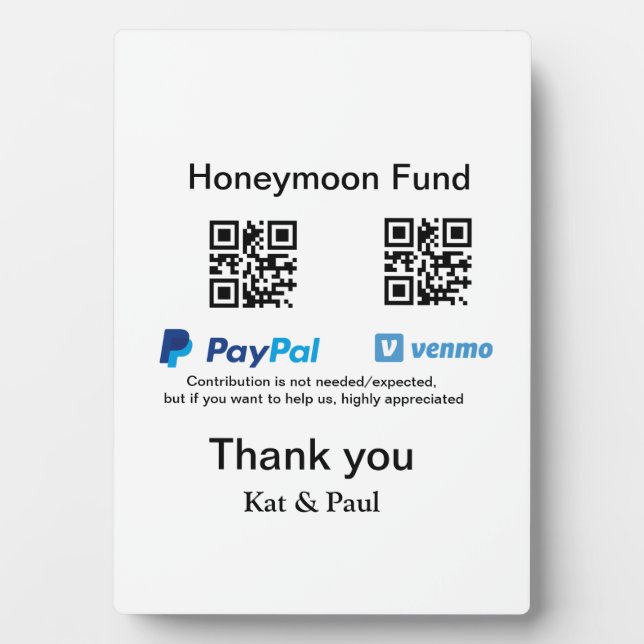 Honeymoon Fund PayPal Venmo QR code thank you Plaque (Front)