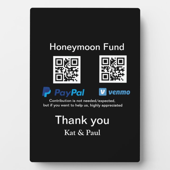 Honeymoon Fund PayPal Venmo QR code thank you Plaque (Front)