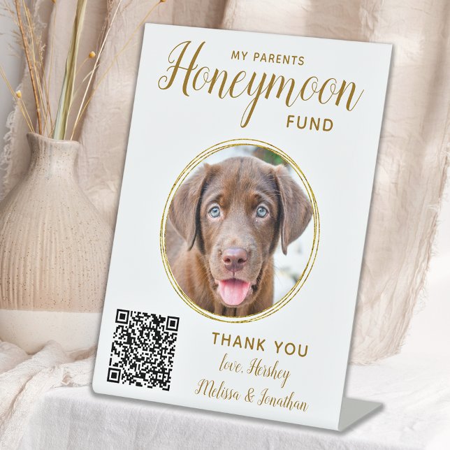 Honeymoon Fund Pet Wedding Gold QR Code Dog Photo Pedestal Sign (Creator Uploaded)