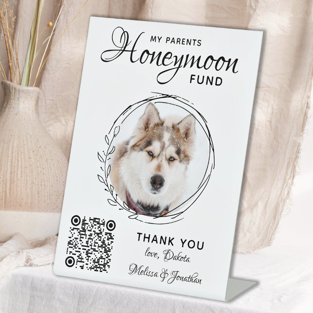 Honeymoon Fund Pet Wedding QR Code Dog Photo Pedestal Sign (Creator Uploaded)