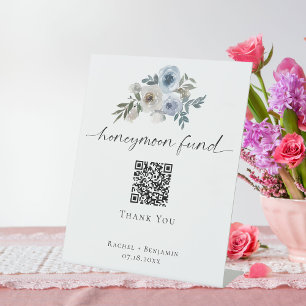 Honeymoon Fund QR Code Dusty Blue Wedding Pedestal Sign