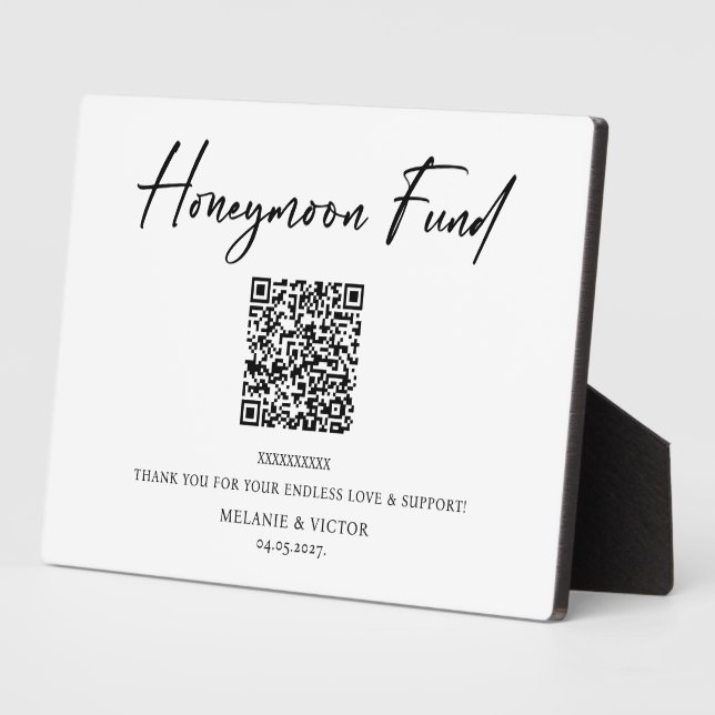 Honeymoon fund QR Code Wedding Sign Poster Plaque (Side)