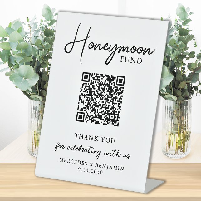 Honeymoon Fund Simple Handwritten QR Code Wedding Pedestal Sign (Creator Uploaded)