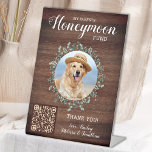 Honeymoon Fund Venmo Custom Dog Photo Pet Wedding Pedestal Sign<br><div class="desc">Let your best dog be in charge of your honeymoon with this custom pet photo honeymoon fund sign. Perfect for dog lovers, and a dog honeymoon fund will be a hit at your wedding. Rustic country wood with eucalyptus leaves. "My Parents Honeymoon Fund" Customise this pet wedding honeymoon fund sign...</div>