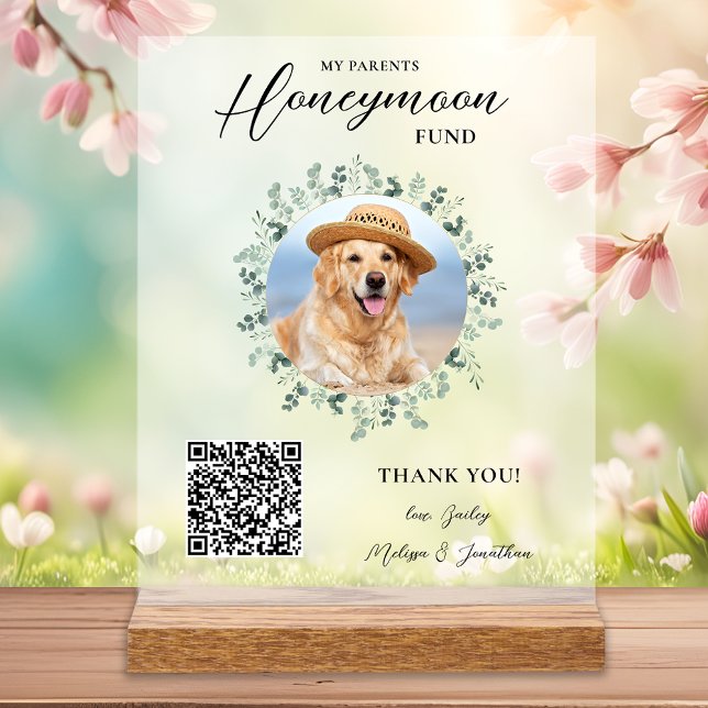 Honeymoon Fund Venmo QR Code Dog Photo Pet Wedding Acrylic Sign (Creator Uploaded)