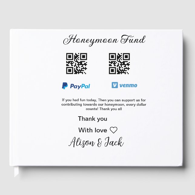 Honeymoon fund venomo paypal donation Q R couple Guest Book (Front)
