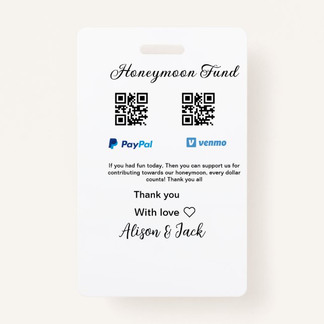 Honeymoon fund venomo paypal donation Q R couple ID Badge (Front)