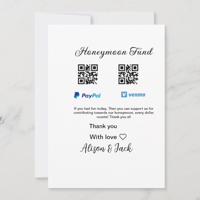 Honeymoon fund venomo paypal donation Q R couple Invitation (Front)