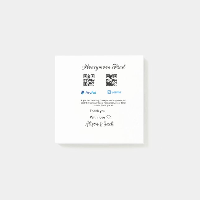 Honeymoon fund venomo paypal donation Q R couple Post-it Notes (Front)