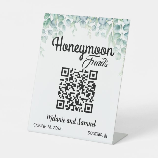 Honeymoon Funds QR Code Eucalyptus Wedding Pedestal Sign (Front)