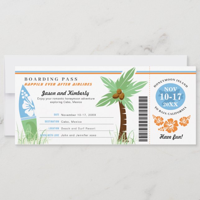 Honeymoon Gift Boarding Pass Palm Tree Surf Board  Invitation (Front)