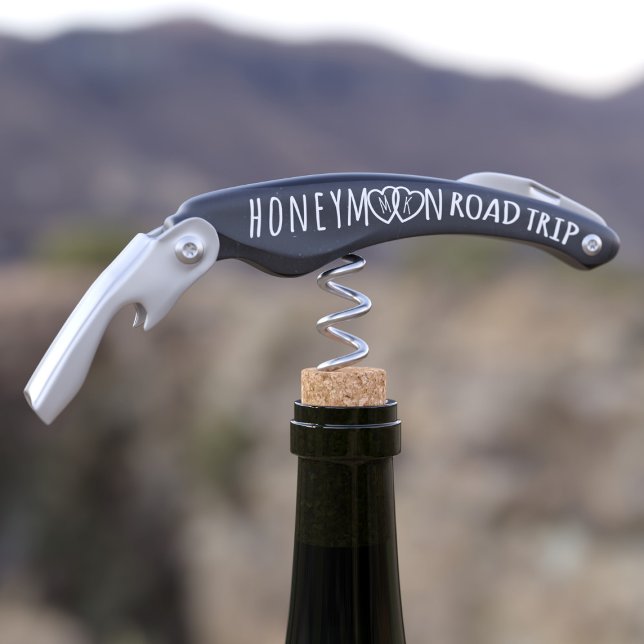 Honeymoon Road Trip Monogram Black Corkscrew (Off on your honeymoon road trip adventure of a lifetime? You'll need a corkscrew! Add your initials)