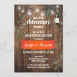 Honeymoon Shower Invitation<br><div class="desc">Honeymoon shower featuring rustic wood,  mason jar lights,  greenery,  banner,  and vintage lantern lamp. To access advanced editing tools,  please go to “Personalise” and then "click to customise further" link.</div>