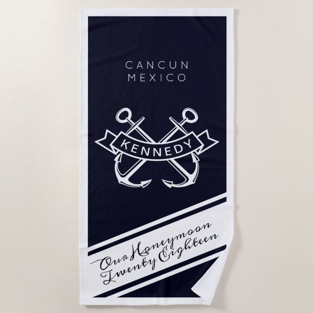 Honeymoon Vacation Destination, Year & Name Beach Towel (Front)