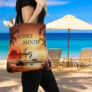 Honeymoon vibes tropical sunset beach moon tote bag