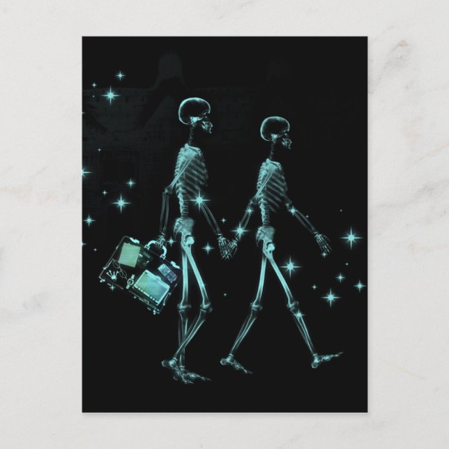 Honeymoon X-Ray Skeleton Newlyweds - Teal Postcard (Front)